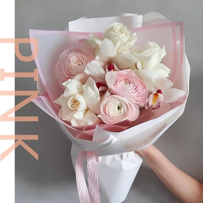 BBJ WRAPS Frosted Flower Wrapping Paper White Lines Gift Packaging Florist Bouquet Supplies 20 Counts (Pink)