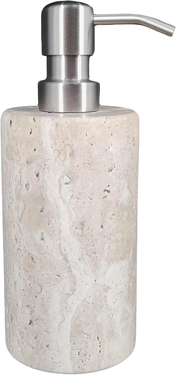 Natural Travertine Marble Soap Dispenser with Stainless Steel Pump, Marble Lotion Liquid Soap Bottles for Kitchen Bathroom