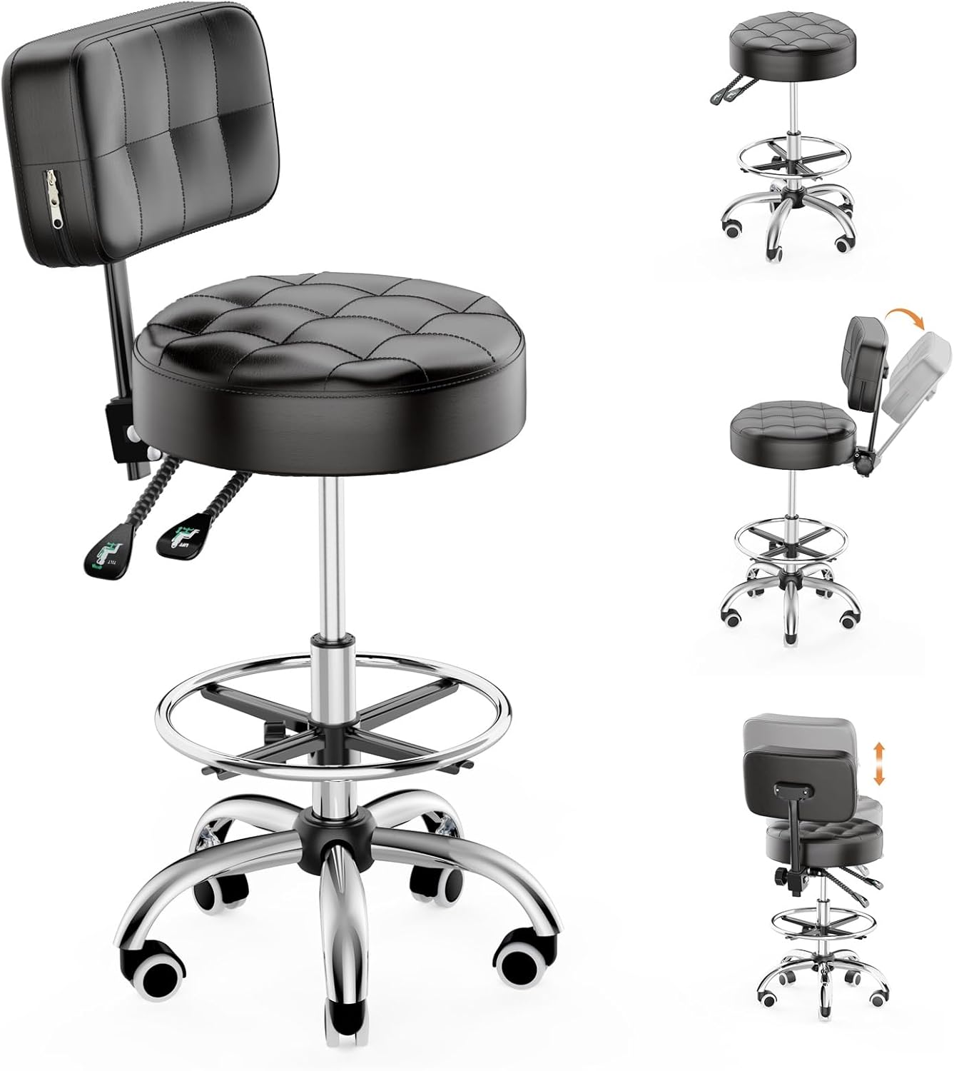YJHome Rolling Stool - Adjustable Height Swivel Chair with Wheels | Heavy Duty 400lbs Capacity (Black)