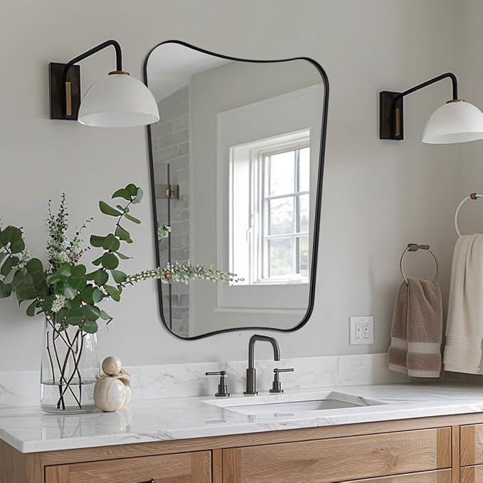 ANDY STAR 24"x32" Matte Black Mirror, Bathroom Mirror for Over Sink, Modern Irregular Shaped Mirror in Rust-Proof Stainless Steel 1” Frame, Decorative for Bathroom, Bedroom or Entryway