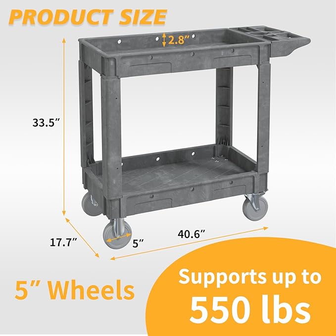 Utility Cart on Wheels, 2 Shelf Heavy Duty Plastic Rolling Cart, 550LBS Capacity Service Carts for Warehouse, Garage, School, Kitchens, Office(Gray, 40.6)