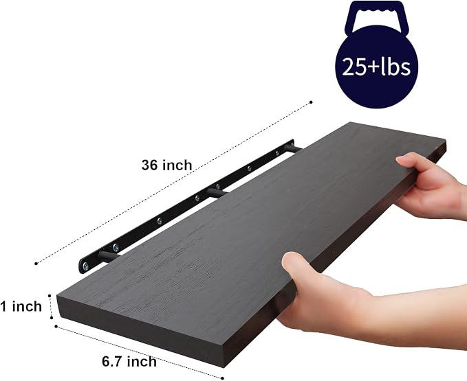 SAUMONIERES Floating Wall Shelves for Bedroom Bathroom Wall Mounted Solid Wood 36 Inches Long Shelf Set of 2, Espresso Floating Shelves
