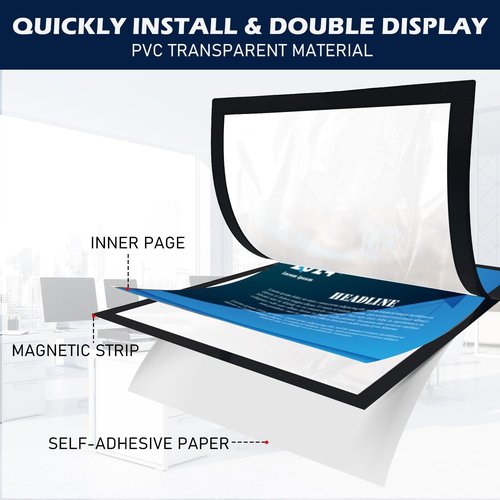 Magnetic Sign Holder | 8.5x11" Wall-Mounted Self-Adhesive Frame - Transparent with Black Edge, 6 Pack