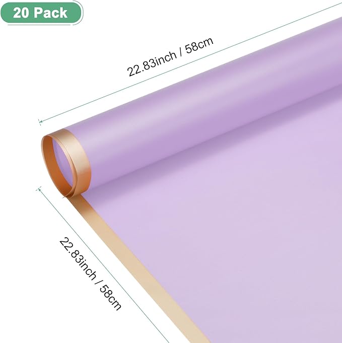 M METERXITY 20 Sheets Flower Wrapping Paper Bouquet, 23 Inch Lavender Purple Gold Edge BOPP Waterproof Floral Wrapping Paper Flower Packaging DIY for Wedding/Party/Gift Bouquet Wrap Paper