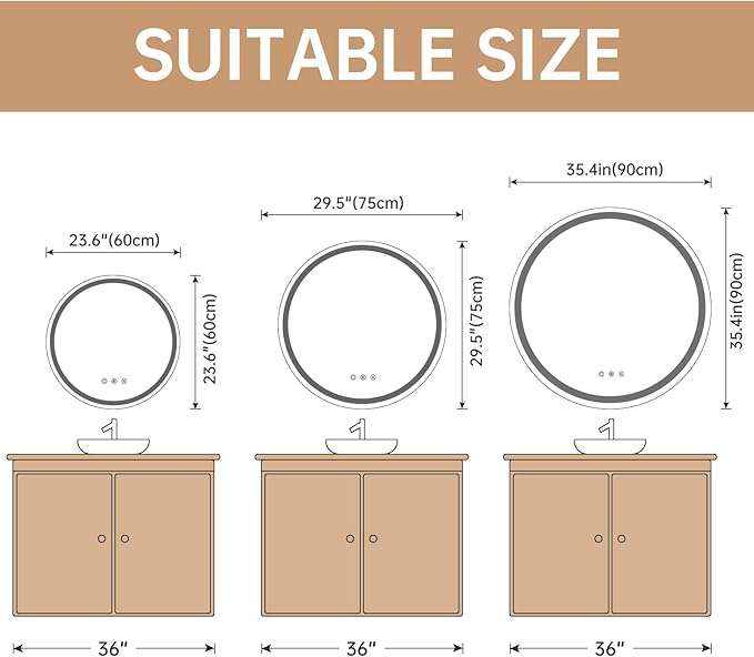 LOVESPEJO 24" Round LED Bathroom Mirror with Lights, Circle LED Mirror for Bathroom, Fogless, Dimmable, 3 Color Changing, IP54, Shatterproof