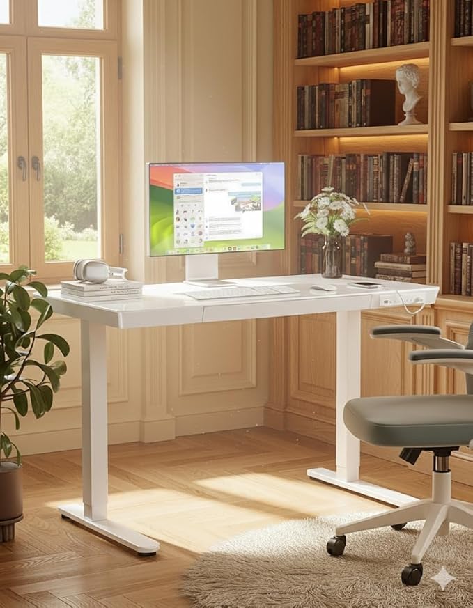 Marsail Glass Standing Desk with Drawer, 48 x 24 inch Electric Standing Desk, Height Adjustable Desk with One-Piece Tabletop & USB Charging Ports, Sit Stand Desk with Storage for Home & Office White
