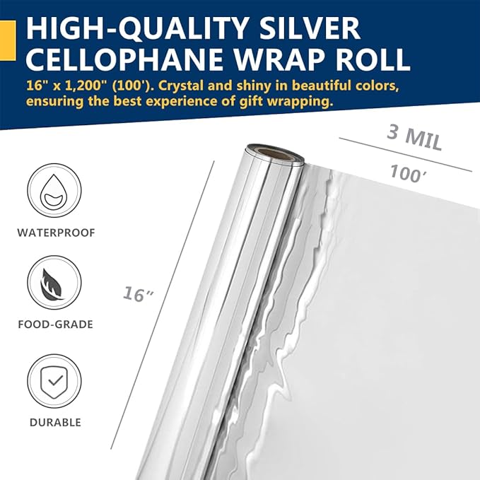 PerkHomy Colored Cellophane Wrap Roll 16" x 100' 3 Mil Thick Cellophane For Gift Basket Treats Goodie Wrapping Craft Flower Bouquet Plastic (Silver, 100ft (16in Width))