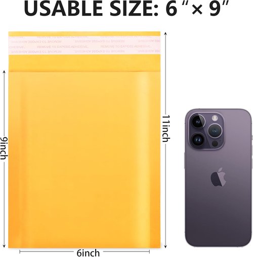 Kraft Bubble Mailers - 6x10 Inch Yellow Self-Seal Padded Envelopes | 50-Pack for Shipping Jewelry & Electronics