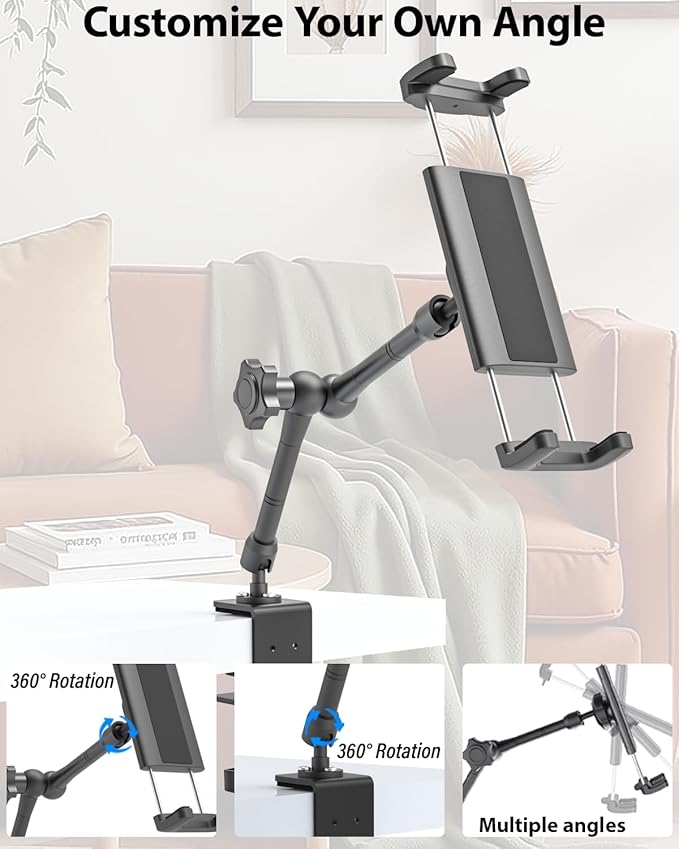 Charchendo Tablet Stand for Desktop, 360° Rotating iPad Holder - Multi-Angle Aluminum Adjustable & Foldable Desk Mount, Compatible with 4-15.6'' iPad Pro/Air/Mini, iPhones, Galaxy Z, E-Book
