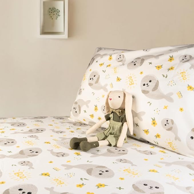 Salt Earth 100% Cotton 210TC Kids Bedsheet, Twin Sheet Set, Toddler Bed, 4-Piece Set – 2 Fitted Sheets & 2 Pillowcases, Themed Toddler Bed Sheets, Cute Kids Bedding (Cow/Seal)