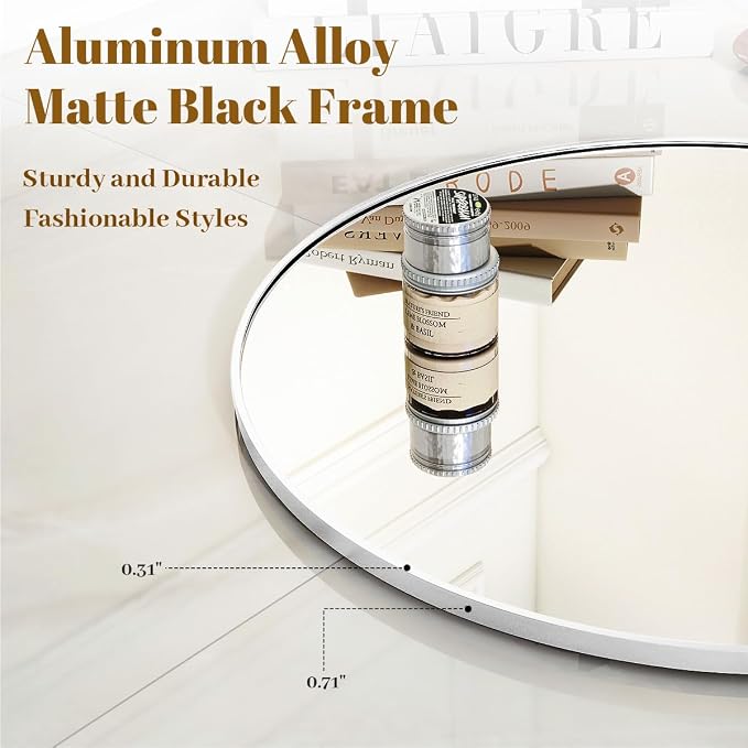 VooBang White Round Bathroom Mirror, 24 inch Circle Wall Mounted Hanging Mirror with Simple Modern Circular Metal Frame for Hallway, Entryway, Living Room, White Frame