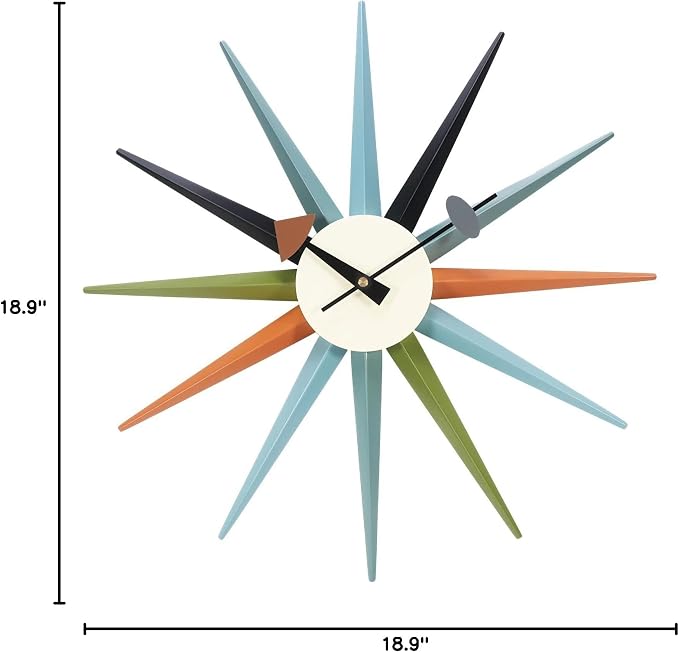 SHISEDECO Modern Sunburst Clock in Multicolor, Non Ticking Wooden Mid Century Retro Design Decorative Silent Wall Quartz Clocks for Home, Living Room, Office and Bedroom etc.