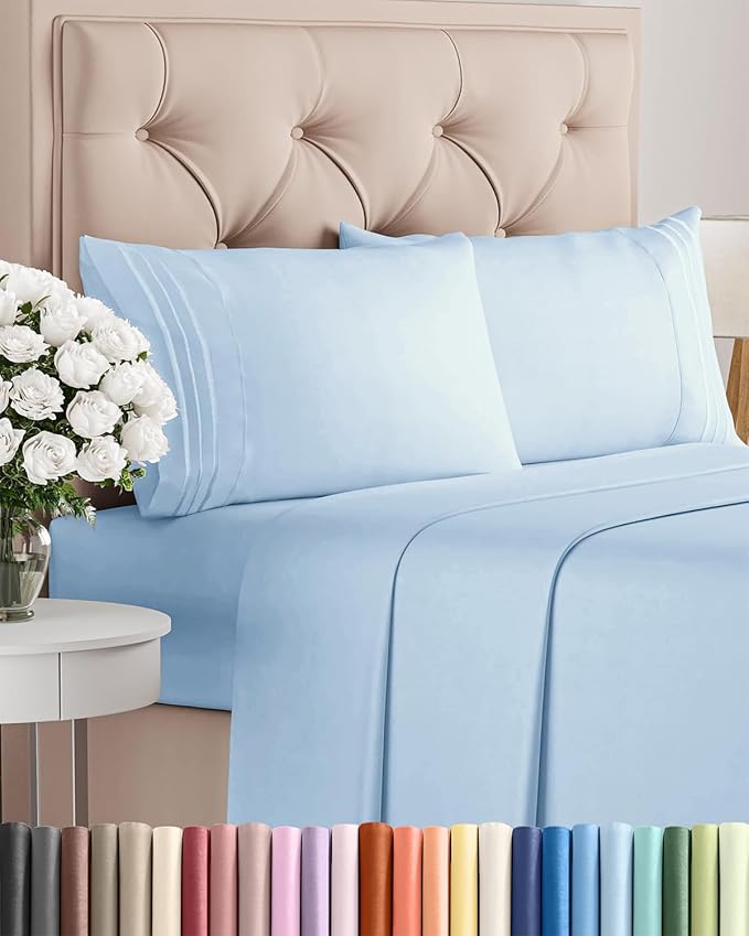 Queen Size 4 Piece Sheet Set - Comfy Breathable & Cooling Bed Sheets Set - Hotel Luxury Bedding for Women, Men, Kids, Teens, Boys & Girls - Deep Pockets, Soft and Wrinkle Free - Oeko-Tex - Light Blue
