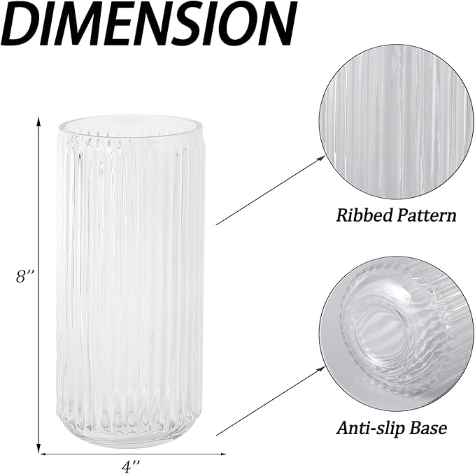 Ribbed Glass Vase, Flower Vases for Bouquet, Clear Glass Vases for Flowers, Modern Ribbed Vase for Living Room, Bathroom, Dining Table, Office, Wedding, Centerpieces, 8 Inches