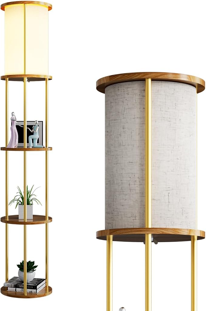 Lightdot 61" Floor Lamp with Shelves, Modern Gold Floor Lamp with Fabric Shade and 3- Tier Solid Wood Table Attached, Corner Bookshelf Lamps with 3000K Bulb Included for Sofa Beside/Corner Decor