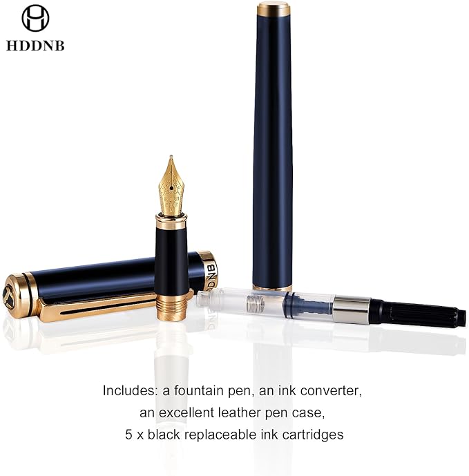 HDDNB Blue Luxury Fountain Pen Set for Men and Women with Gift Box, 24K Gold Finish and Gilded Nib(Medium) with 5 Black Ink Cartridges and Converter