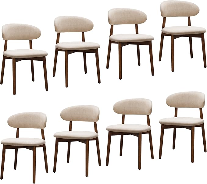 Farmhouse Dining Chairs Set of 8, Mid Century Modern Fabric Upholstered Kitchen Chairs, Wooden Dining Room Chair with Curved Back for Kitchen Dining Room Restaurant Cafe, Light Camel (Only Chairs)