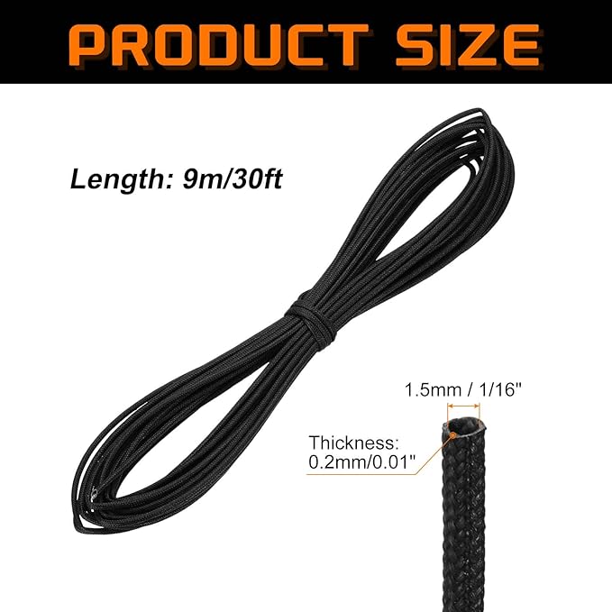 MECCANIXITY 30ft Braided Cable Sleeve, 1/16" ID 200C High Temperature 1500V Fiberglass Wire Insulation Cord Protector Organizer Wires Management for Motor Engine Fuel Line, Black