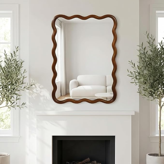 Elountik Wavy Rectangle Solid Wood Decorative Mirror, 30x40 Inches, Black Walnut Frame for Living Room, Bedroom, Bathroom & Entryway Wall Décor