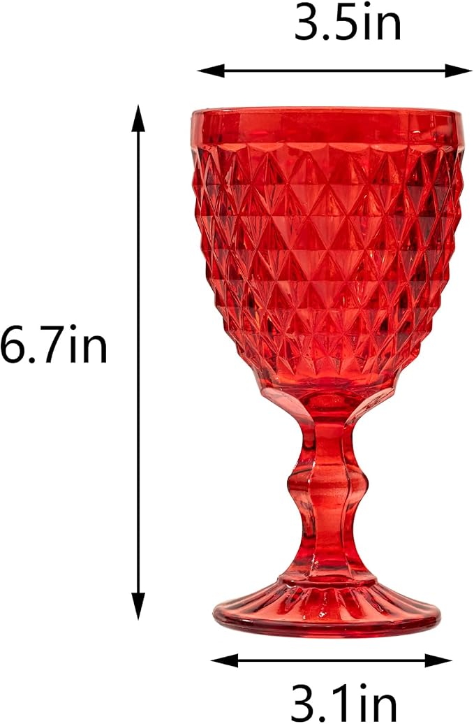 Vintage Wine Glasses Set of 6, 10 Ounce Colored Glass Water Goblets, Unique Embossed Pattern High Clear Stemmed Glassware Wedding Party Bar Glass Drinking Cups Diamond Red