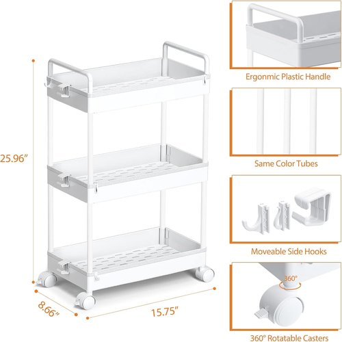 Ronlap 3-Tier Slim Rolling Storage Cart - Versatile Utility Organizer with Wheels for Narrow Spaces | White