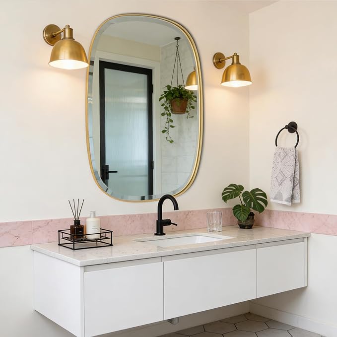 POZINO Bathroom Beveled Mirror, 32"x24" Brushed Gold Vanity Mirrors with Stainless Steel Frame, Rectangle Aesthetic Wall Mirror for Entryway Hallway Bedroom Living Room, Horizontal or Vertical Hanging