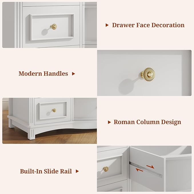 9-Drawer Chest, Wide Dresser with 3 Large Arc Fronts,Roman Column Decor, Spacious Bedroom Storage Furniture, 55 Inch Long (White, 9 Drawer)