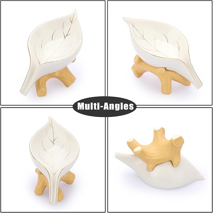JUXYES Ceramic Soap Dish Holder Self Draining, Unique Waterfall Soap Dish Leaf Shape Decorative Soap Dish Tray Tabletop Drainable Soap Saver Bathtub Waterfall Soap Dish Holder for Bathroom Shower