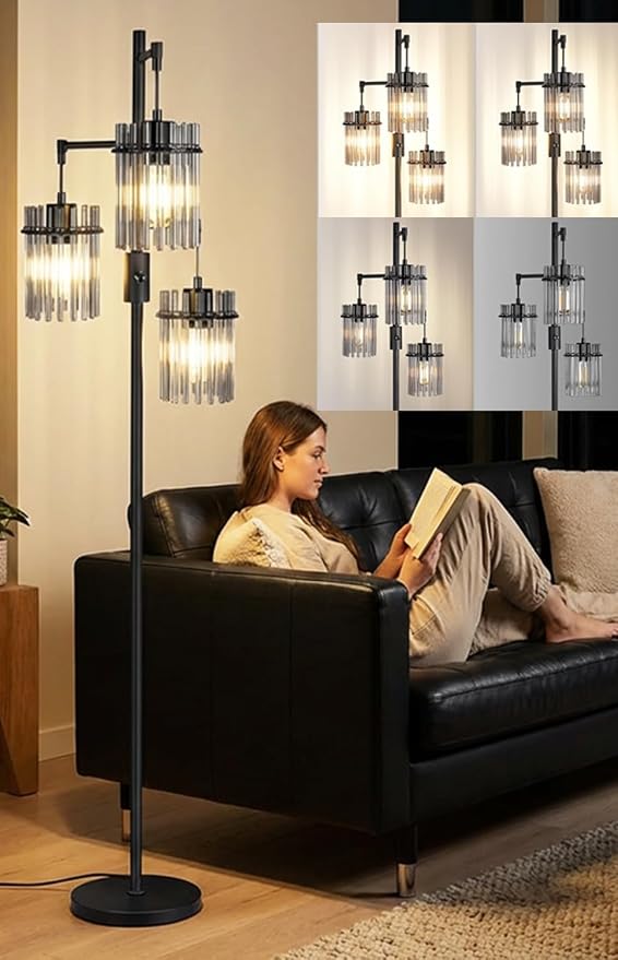 Industrial Floor Lamps for Living Room, Dimmable Floor Lamp Modern Standing Lamps with Glass Lampshade, Rotary Switch, LED Bulbs, Tall Lamps for Bedroom, Office (3 Lampshades(66inch))