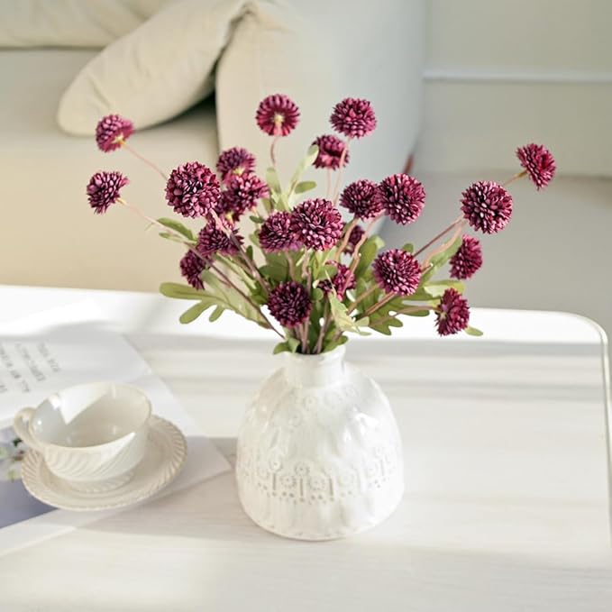 Laelfe 5Pcs Burgundy Flowers Artificial Pompon Mum, Fake Kiku Flowers Silk Small Mini Chrysanthemum Ball Faux Mum Decor for Autumn Filler DIY Bouquet Centerpieces Arrangements Shower(Burgundy)