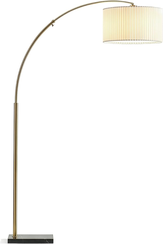 Brightech Logan Arc Floor Lamp, Bright Standing Lamp for Living Rooms, Offices & Bedrooms, Modern Living Room Décor, Tall Hanging Floor Lamp for Reading and More – Gold/Brass with Pleated Shade