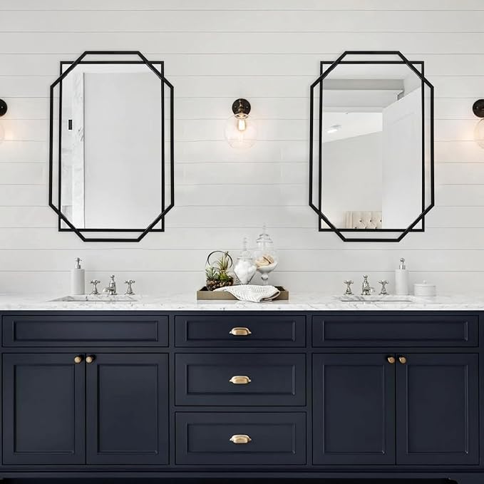 Decorative Wall Mirror, 40" x 28" Black Frame Bathroom Mirror for Wall with Modern Metal Octagonal, for Living Room, Dining Room, Entryway