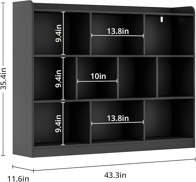 Black Bookshelf, Wood Bookcase with 3 Tier Open Shelves, 10-Cube Minimalist Storage Shelf for Living Room, Bedroom, 43.3" W x 35.4" H
