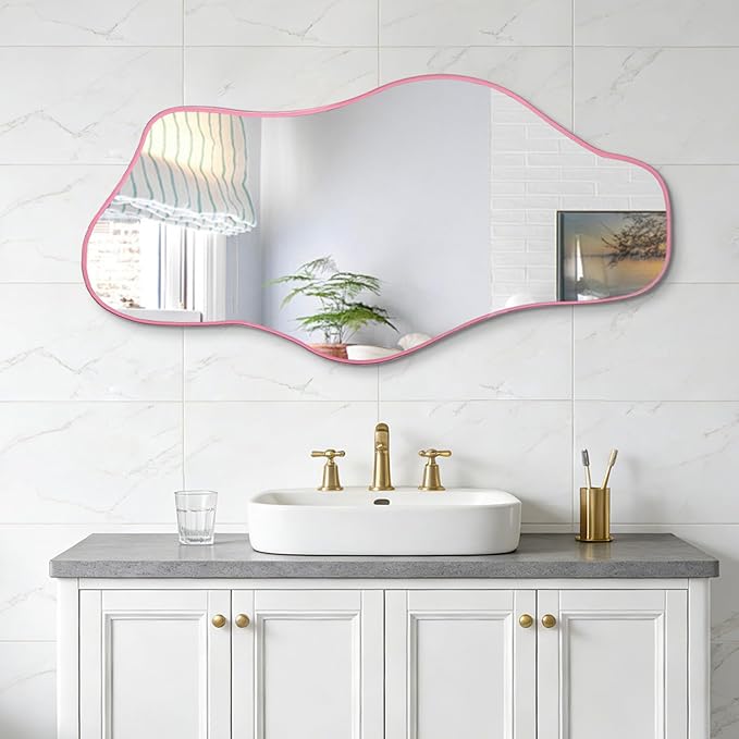 Irregular Wall Mirror, 35.8"x17.7" Asymmetrical Tempered Glass Mirror, Modern Frameless Organic Shaped Mirrors for Entryway Bedroom Living Room Bathroom, Horizontal or Vertical Hanging