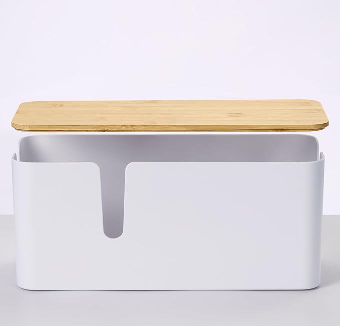 ZhiYo Bamboo Lid Cord Organizer Box, Safe ABS Cable Management Box for TV and Computer, Wood Cover Cord Hider to Hide Wires, Router, USB Hub & Under Desk Power Strip, 1 Pack L13.1 xW5.6 xH5.6 White