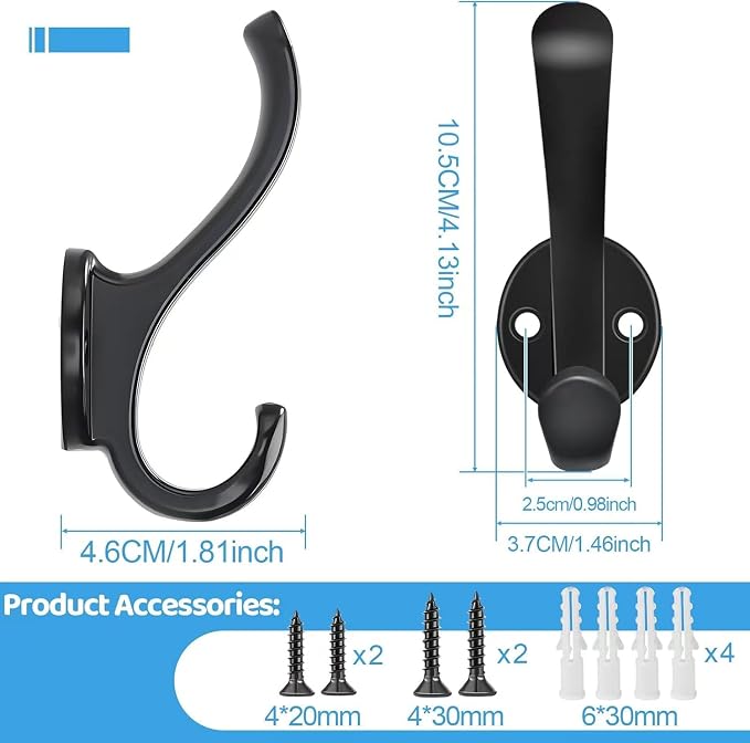 8 Pack Coat Hooks Wall Mount Heavy Duty Utility Retro Double Hooks for Hanging Coats,Hat, Towel, Key, Robe, Scarf, Bag, Cap (Black)