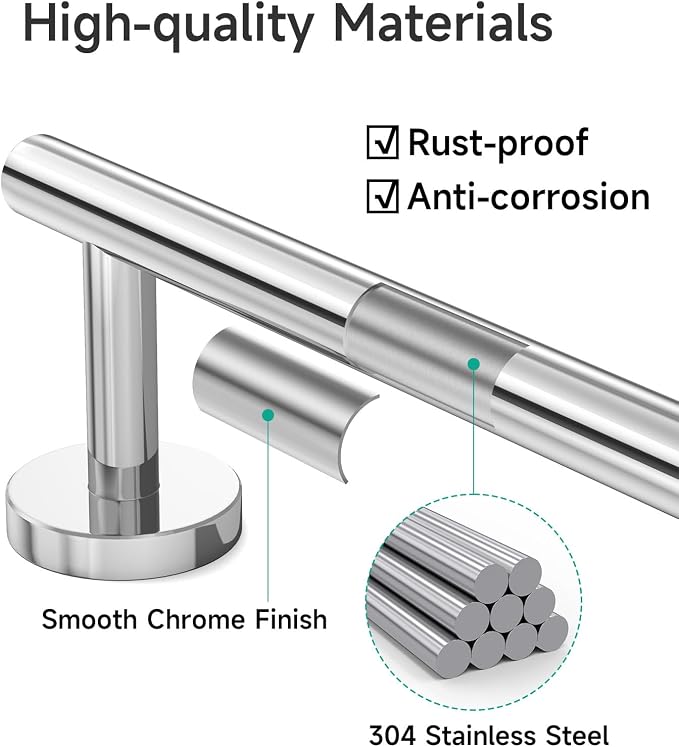 USHOWER Polished Chrome Towel Bar, 22-Inch Towel Racks for Bathroom Wall-Mounted, SUS304 Stainless Steel Towel Rod (Total Length 24-Inch)