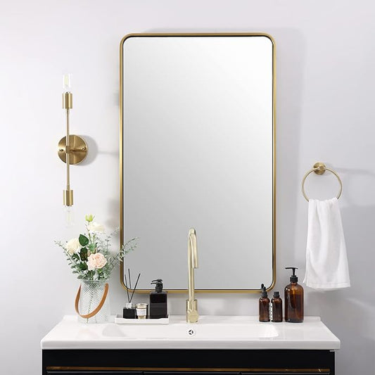 ANDY STAR 24x40 Inch Gold Bathroom Mirror, Rounded Rectangle Mirror, Brushed Brass Bathroom Vanity Mirror Oblong Tube Metal Framed, SUS304-Anti-Rust, Wall-Mounted Horizontal/Vertical 1’’ Deep