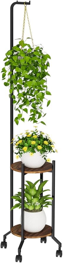 VyGrow Plant Stand Indoor, 2 Tier Hanging Tall Plant Shelf with Wheels, 3 Potted Corner Flower Stand Metal Plant Holder, Plant Shelves for Living Room, Bedroom, Patio, Outdoor, Black