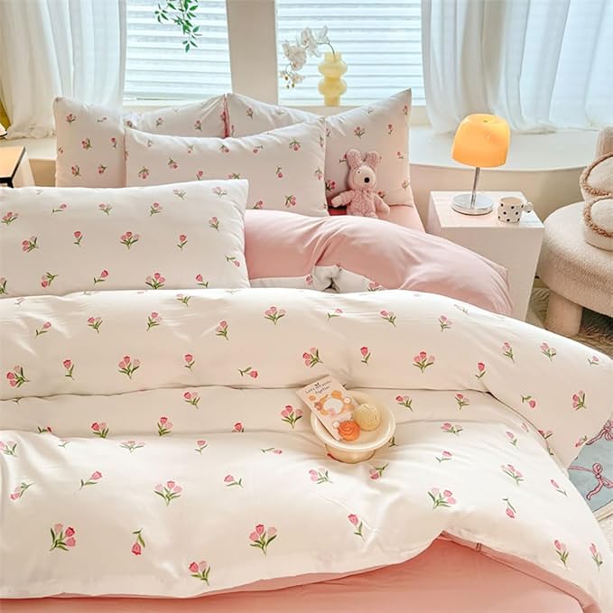 Nayoroom Pink Floral Duvet Cover Queen Size Coquette Tulip Printed on White Reversible Comforter Cover 3 Pcs Girls Cottagecore Bedding Set with Pillow Sham Soft Lightweight Microfiber