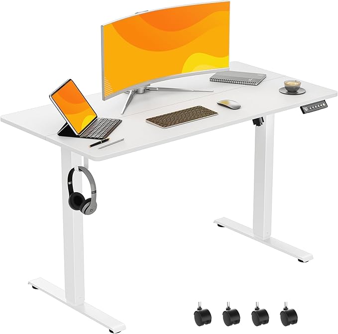 48 x 24 Inch Electric Standing Desk Adjustable Height, Sit Stand Desk with Wheels, Stand up Desk for Home Office, Computer Workstation (Spliced Desktop,White)