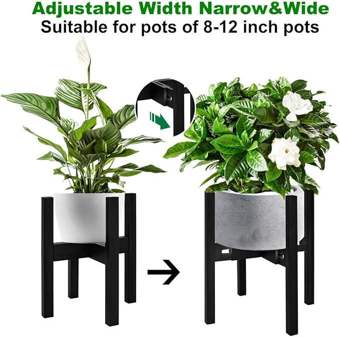 Rnined Adjustable Plant Stand Indoor,Bamboo Mid Century Modern Plants Stands, Stable Plant Holder,Fit 8 9 10 11 12 inch Pots (Pot & Plant Not Included)(Black)