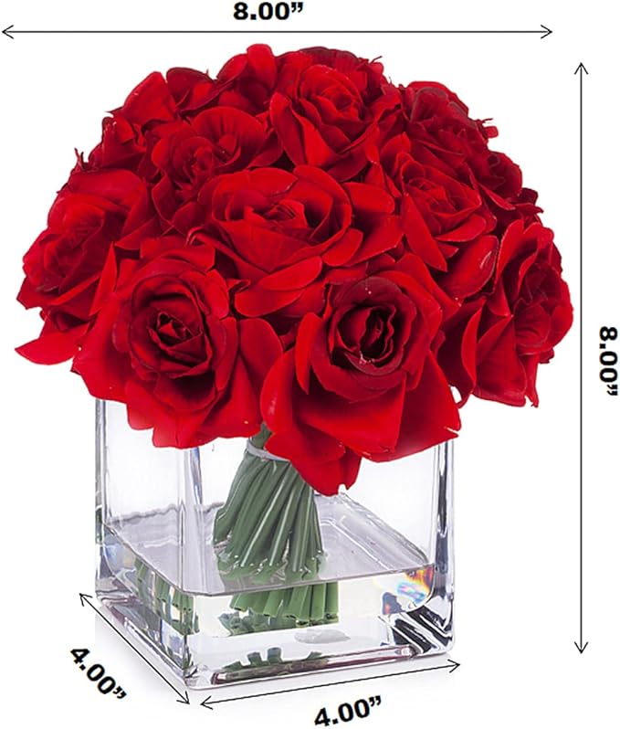 ENOVA FLORAL 18 Pieces Red Rose Artificial Flowers in Vase, Floral Arrangements Artificial with Vase and Faux Water for Wedding, Home Decor Indoor(Red)