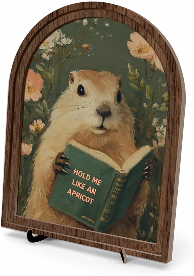 Wooden Tabletop Decor Funny Reading Groundhog Art for Library, Office or Study Decor, Literary Wall Art for Reading Lovers Gift Decor, Home Decorative Accent