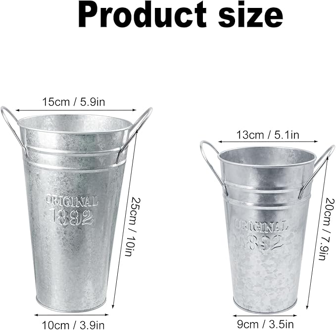 6 Packs 8 & 10 Inch Tall Galvanized Metal Flower Vases with Handles, Metal Flower Buckets for Cut Flowers, Country Wedding, Table Centerpiece Decorations(Sliver)