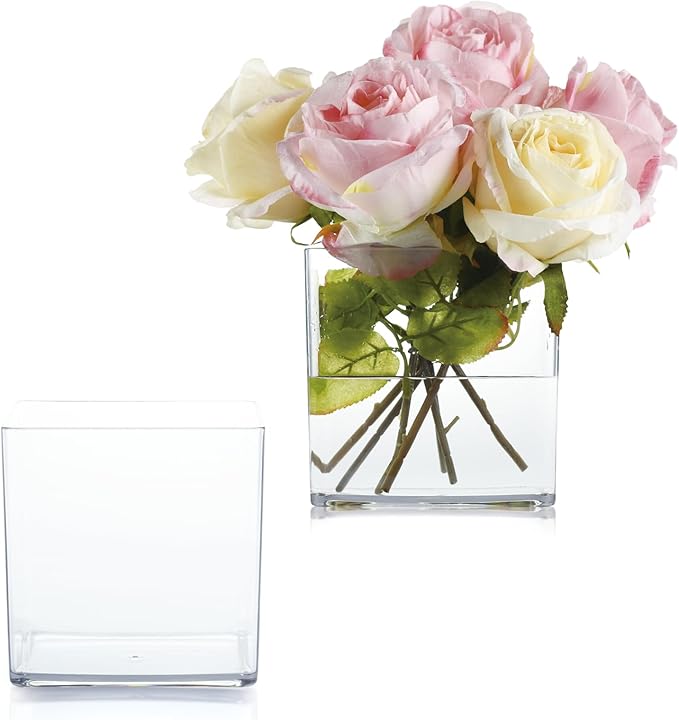 2 Pack Acrylic Cube Vases 5 X 5 Inch, Clear Square Vases, Shatterproof Flower Vase Decorative Centerpiece for Home, Wedding