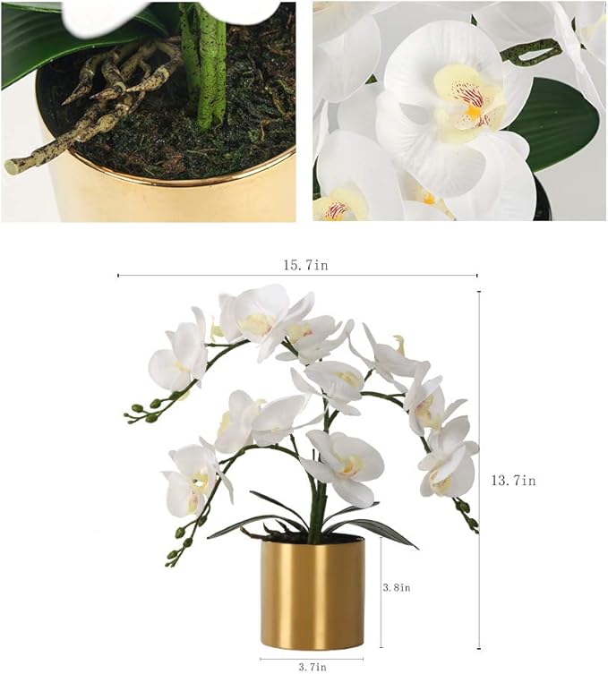 LESING Potted Artificial Orchid Flowers,Real Touch White Fake Artificial Orchid Flower in Gold Vase Arrangement for Table Living Room Decoration (White,Gold Vase)