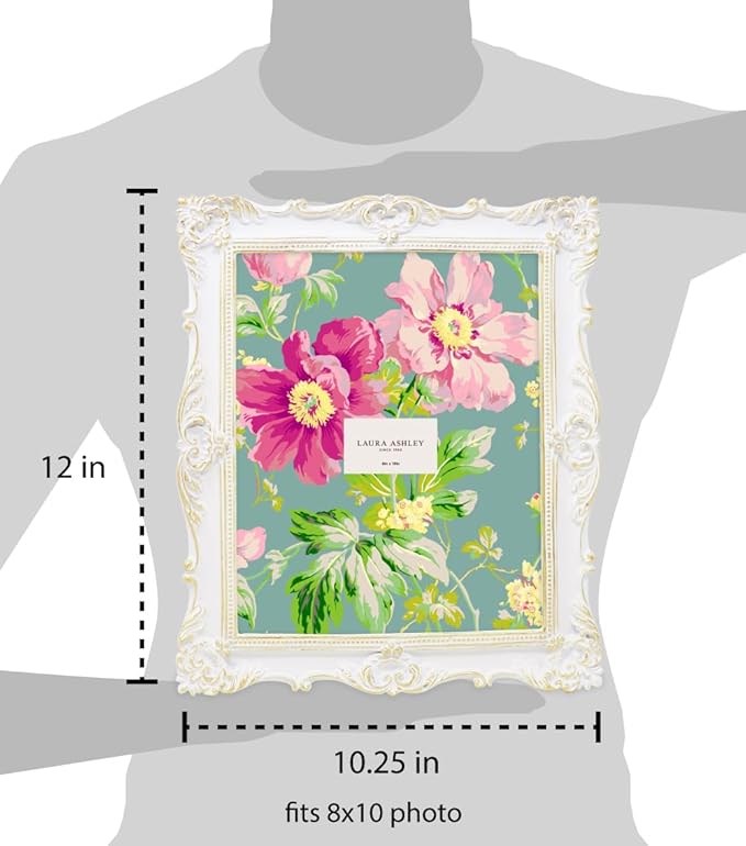 Laura Ashley 8x10 White & Gold Ornate Textured Hand-Crafted Resin Picture Frame w/Easel & Hook for Tabletop & Wall Display, Decorative Floral Design Home Décor, Photo Gallery, Art (8x10, White/Gold)