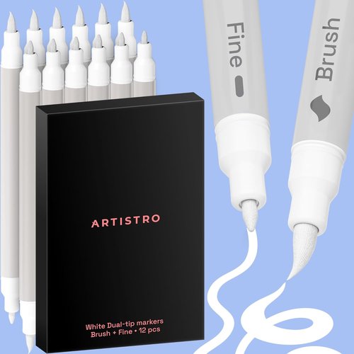 ARTISTRO 12 White Acrylic Paint Markers - Versatile Paint Pens with Brush & Fine Tips - Ideal for Fabric, Rock, Glass, Wood, DIY Projects - Perfect Art Supplies for All Ages
