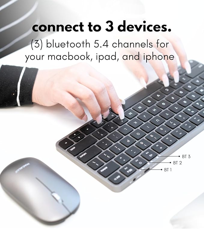 Macally Apple Wireless Keyboard and Mouse for Mac - Dual Mode (Bluetooth + Wired) - Multi-Device, Rechargeable - Mini Wireless Keyboard and Mouse Combo for MacBook, iPad, Mac Mini/Air/Pro (Space Gray)